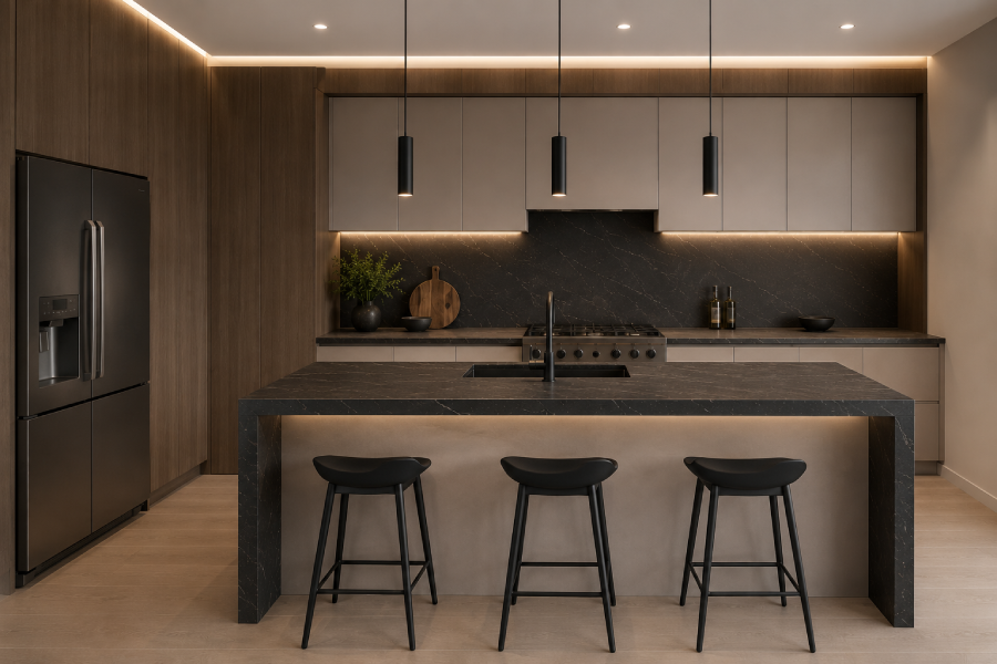 Modern minimalist kitchen with dark accents
