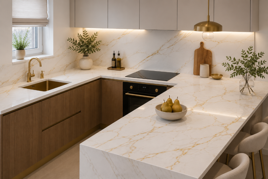 Modern minimalist kitchen with golden accents
