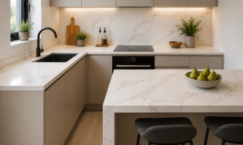 Modern minimalist kitchen with marble-effect-quartz accents
