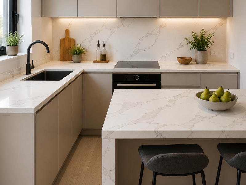 Modern minimalist kitchen with marble-effect-quartz accents