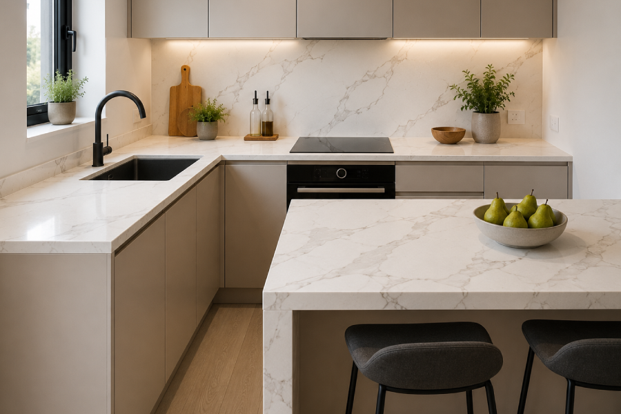 Modern minimalist kitchen with marble-effect-quartz accents