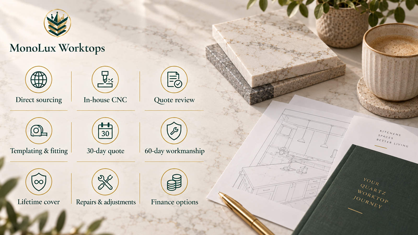 MonoLux CTA graphic for which calacatta quartz looks most like real marble, highlighting calacatta quartz colours and services.