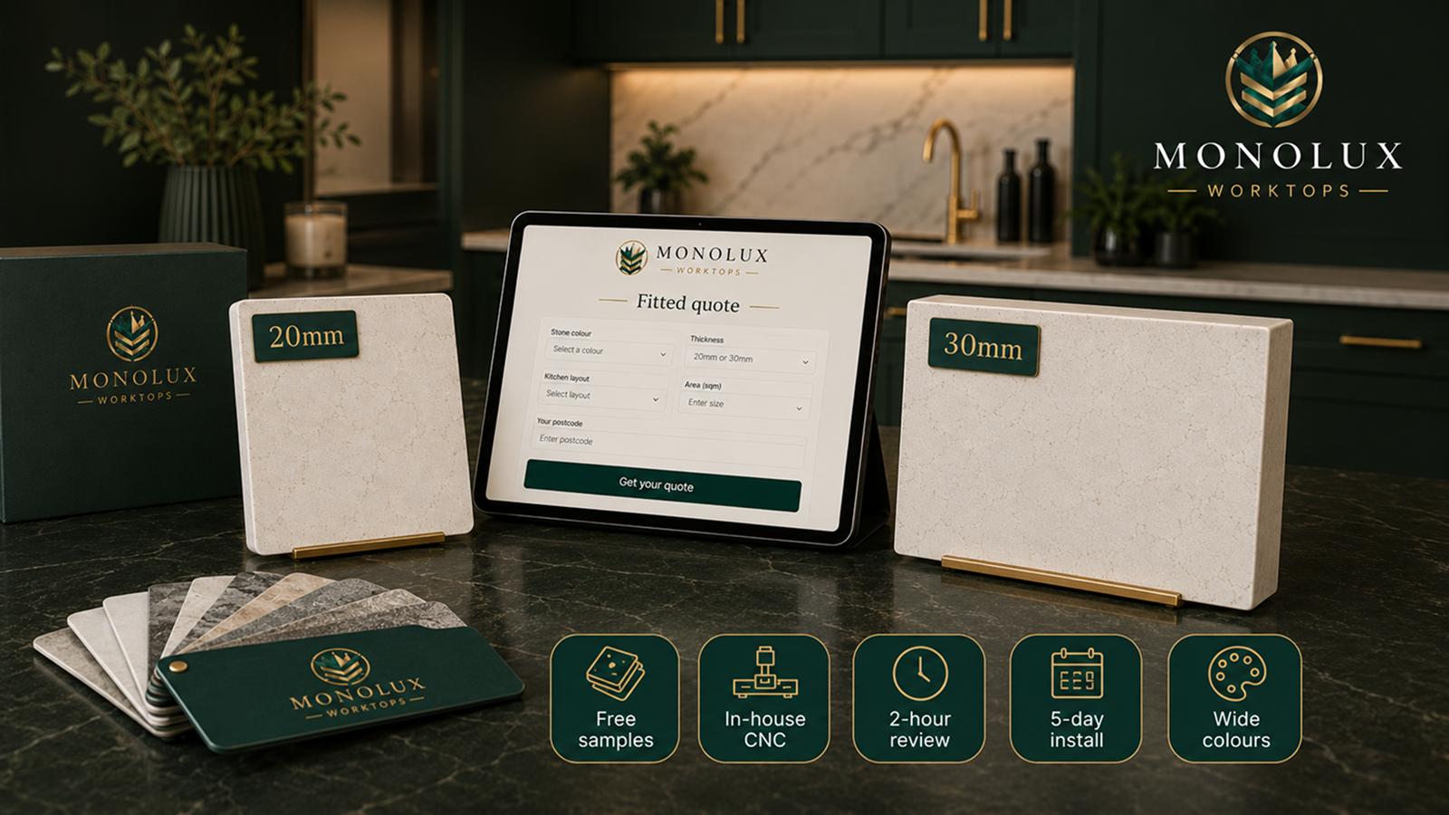MonoLux fitted quartz worktop quote graphic with 20mm and 30mm samples