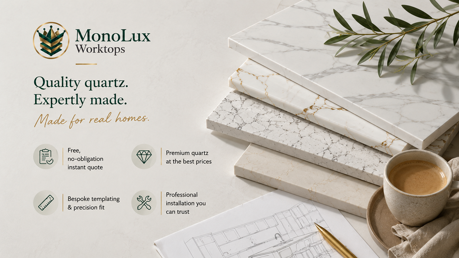 MonoLux quartz samples with Calacatta and Carrara-style marble-effect quartz beside a kitchen plan and coffee cup.