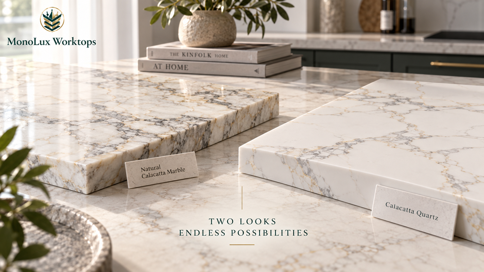 Natural marble beside quartz, showing which Calacatta quartz looks most like real marble and realistic Calacatta quartz.
