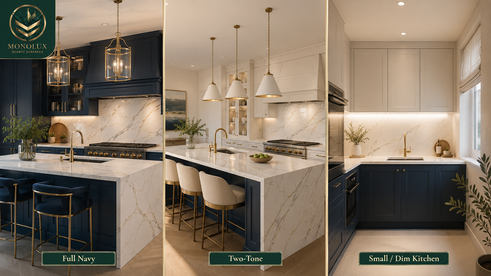 Navy cabinets with Calacatta quartz worktops, showing full navy, two-tone layouts and small kitchen cabinet colour ideas for UK homes.
