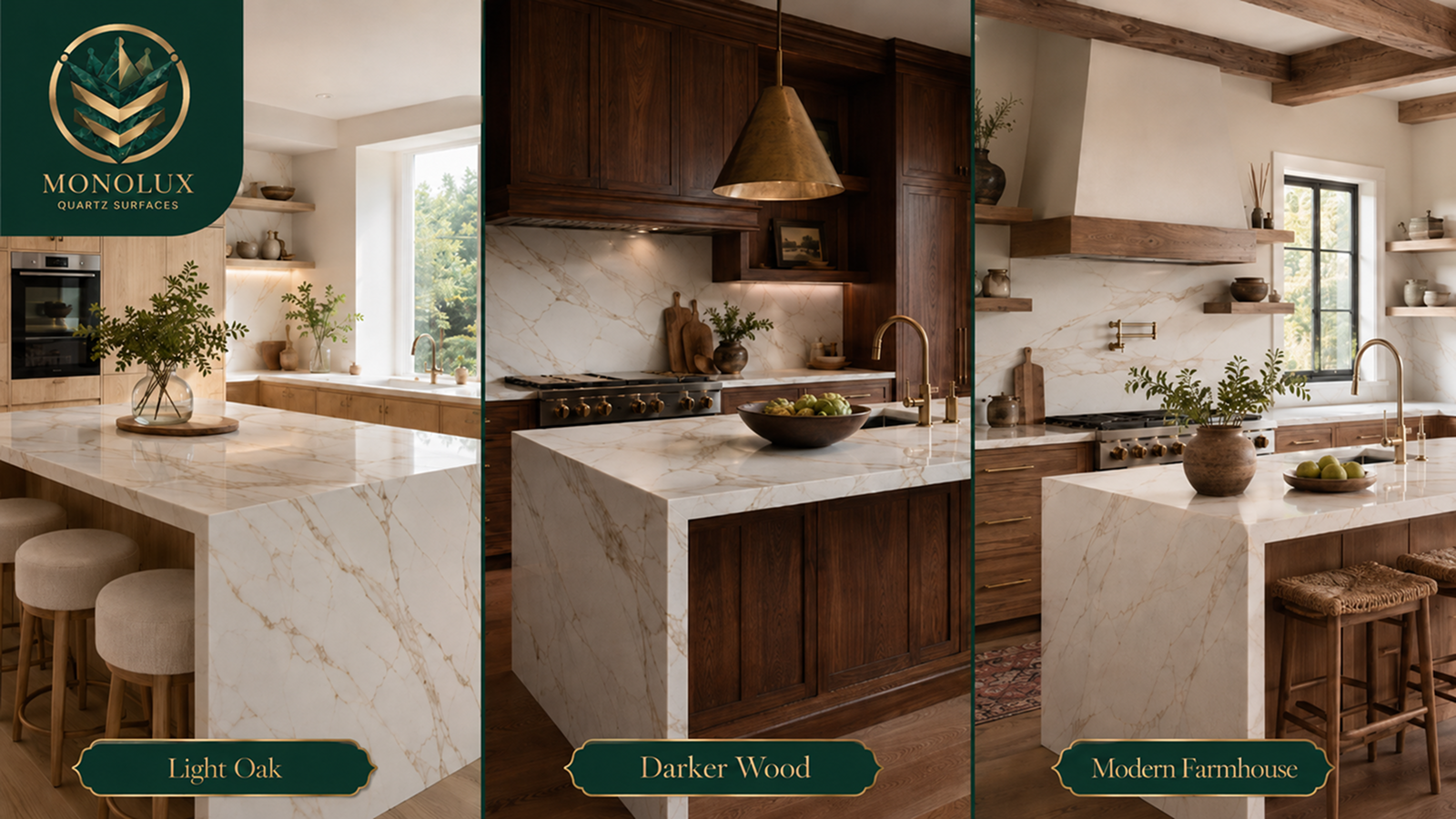 Oak and wood cabinets are a strong match for Calacatta quartz because the wood adds warmth to the white base. This helps kitchens that might otherwise look too sharp or cold.