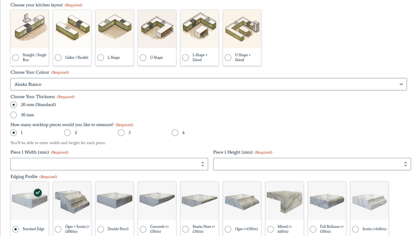 Online kitchen quote form for affordable quartz worktops with options to buy quartz worktops by layout and finish.