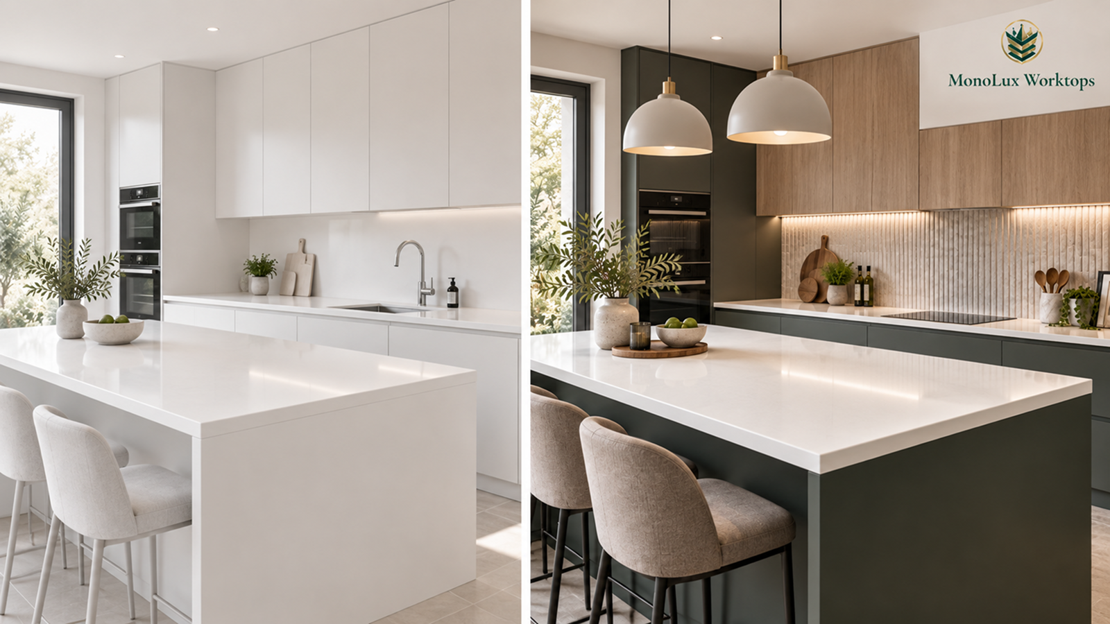 Plain white quartz worktops shown in two kitchens, comparing a clinical white kitchen with a warmer scheme using wood and dark cabinetry.