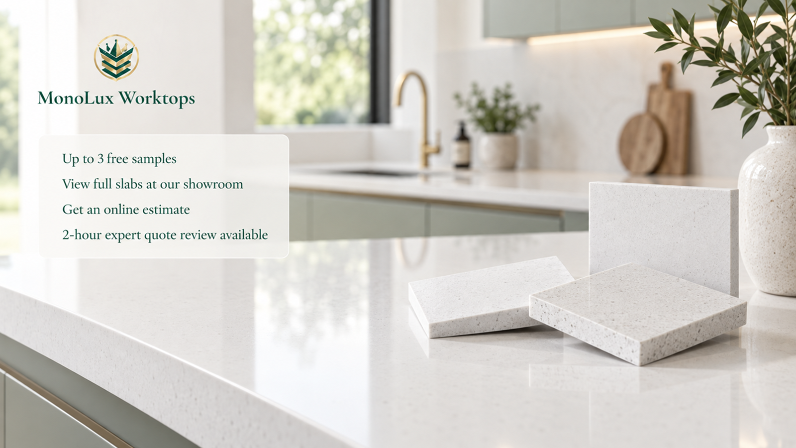 Plain white quartz worktops with free sample, showroom and quote details, showing a plain white quartz surface and product samples.