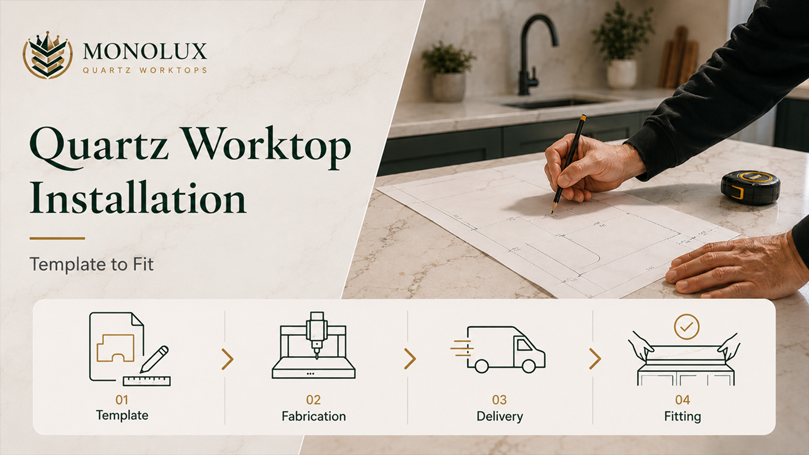 Quartz worktop installation process from templating and fabrication to delivery and fitting.