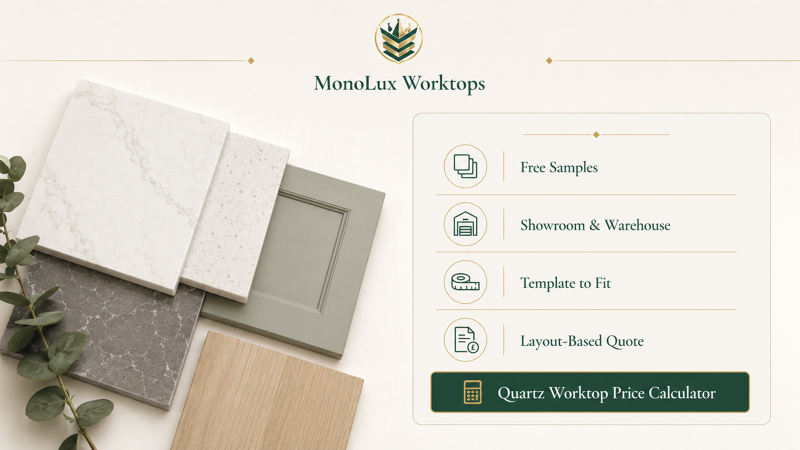 Quartz worktop colours UK buying graphic with samples and quote options, supporting the most popular quartz worktop colours comparison
