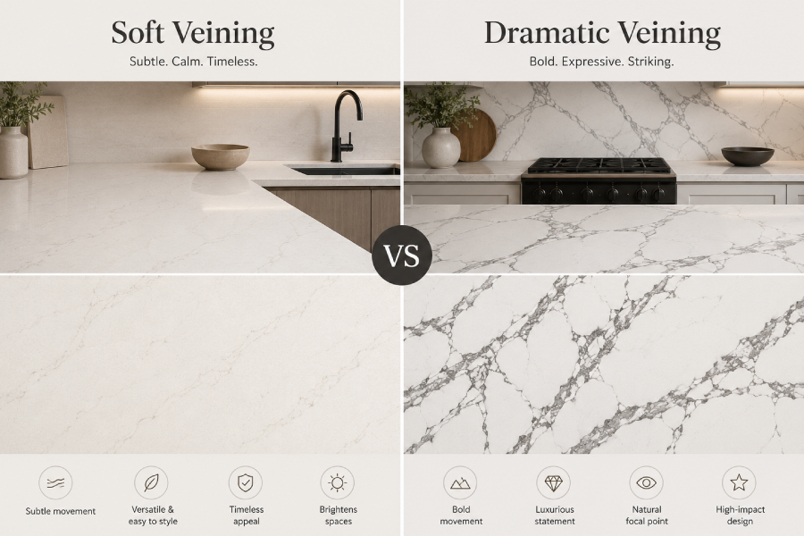 Quartz worktop comparison:Soft Veining vs Dramatic Veining