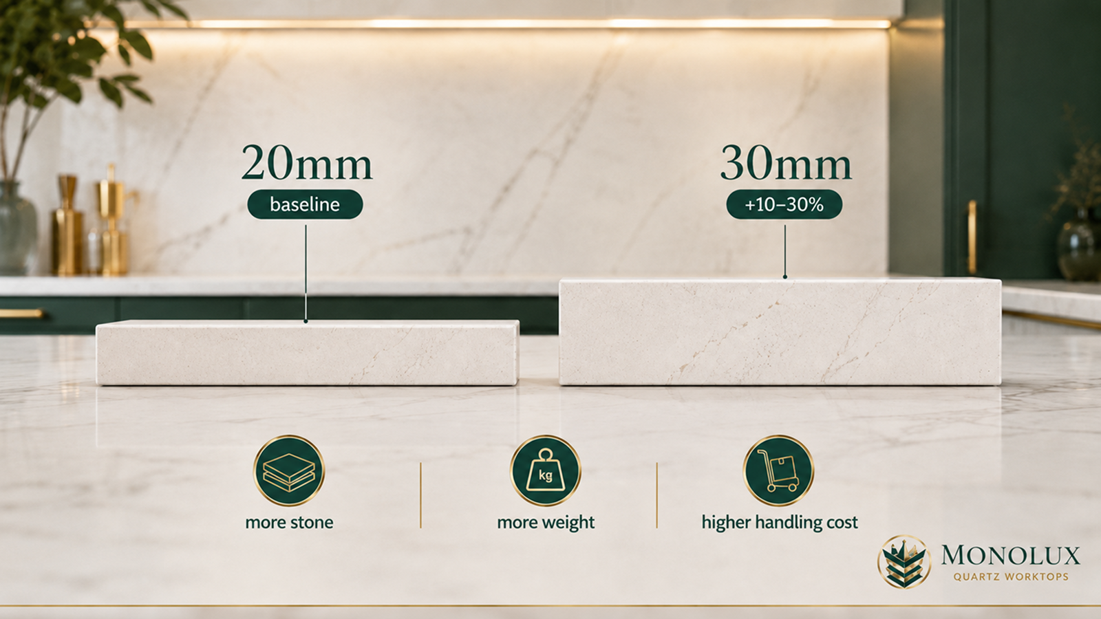 Quartz worktop price graphic comparing 20mm baseline and 30mm cost uplift