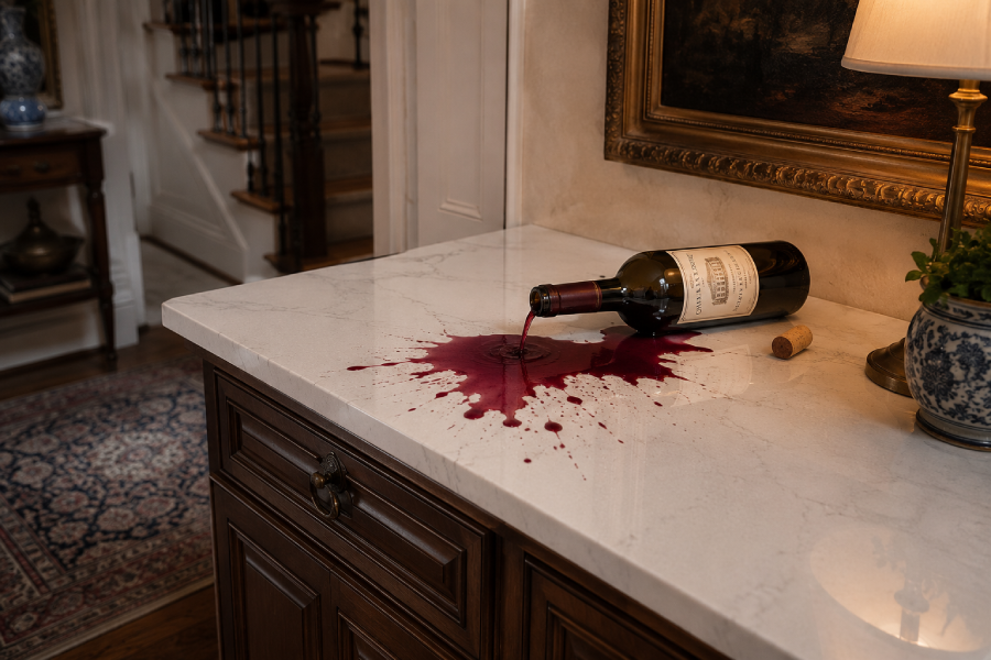 Spilled wine in worktop