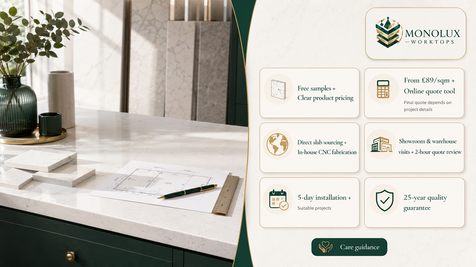 Does white quartz stain? White quartz worktops stains guide with MonoLux samples, quote review and fabrication.