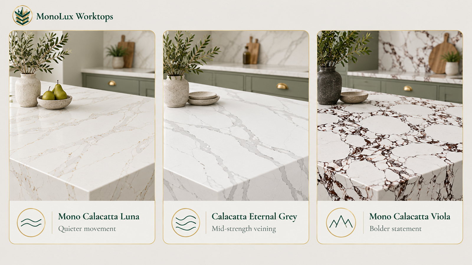 Three-card comparison of Mono Calacatta Luna, Eternal Grey and Viola for a Calacatta quartz small kitchen