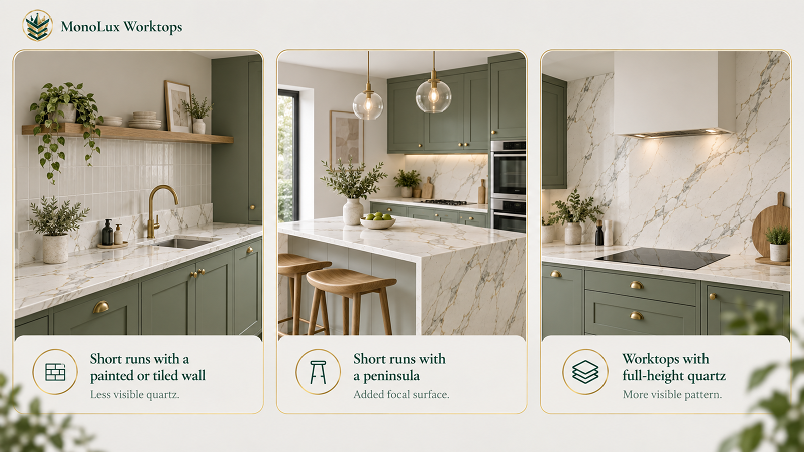 Three-panel guide to Calacatta quartz for small kitchens, showing a Calacatta quartz small kitchen with short runs, a peninsula and full-height quartz.