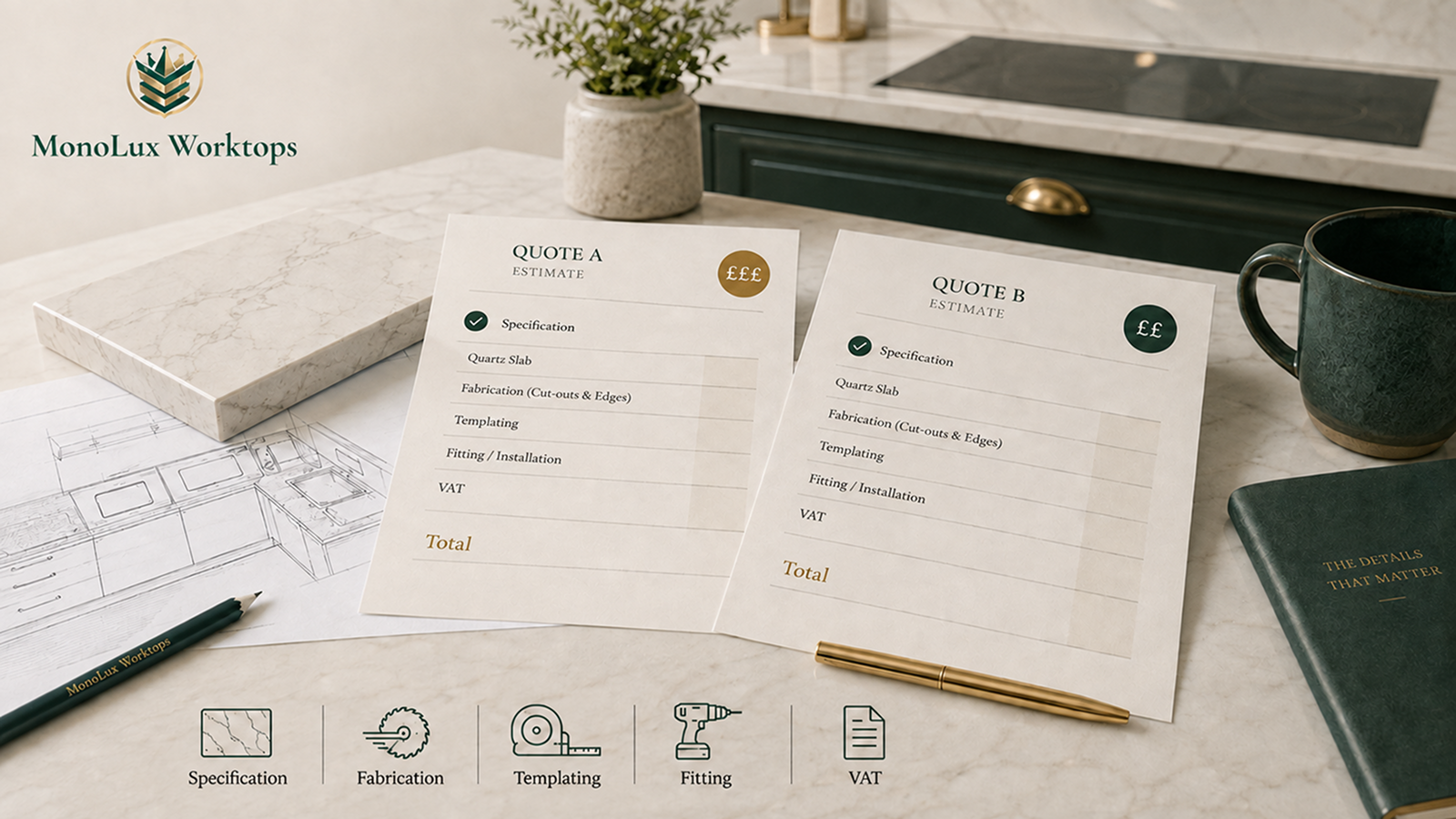 Two itemised estimates are compared for affordable quartz worktops, showing factors behind quartz worktop cost.
