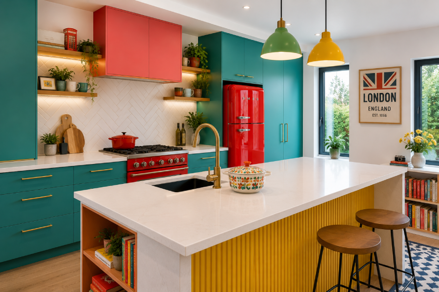 Vibrant modern kitchen with retro accents