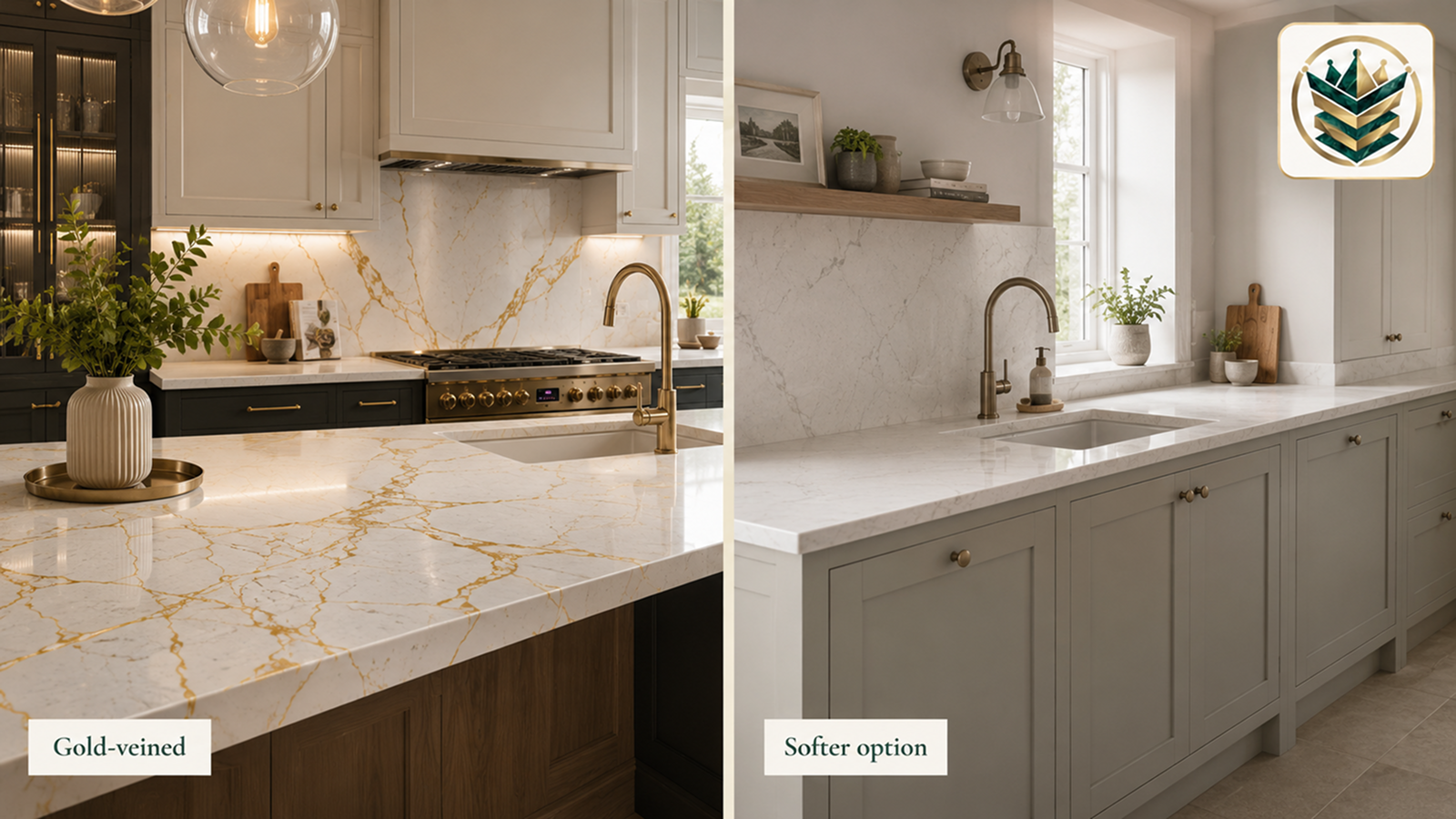 Gold-veined quartz worktops beside a softer marble-effect quartz worktop in a split kitchen comparison.