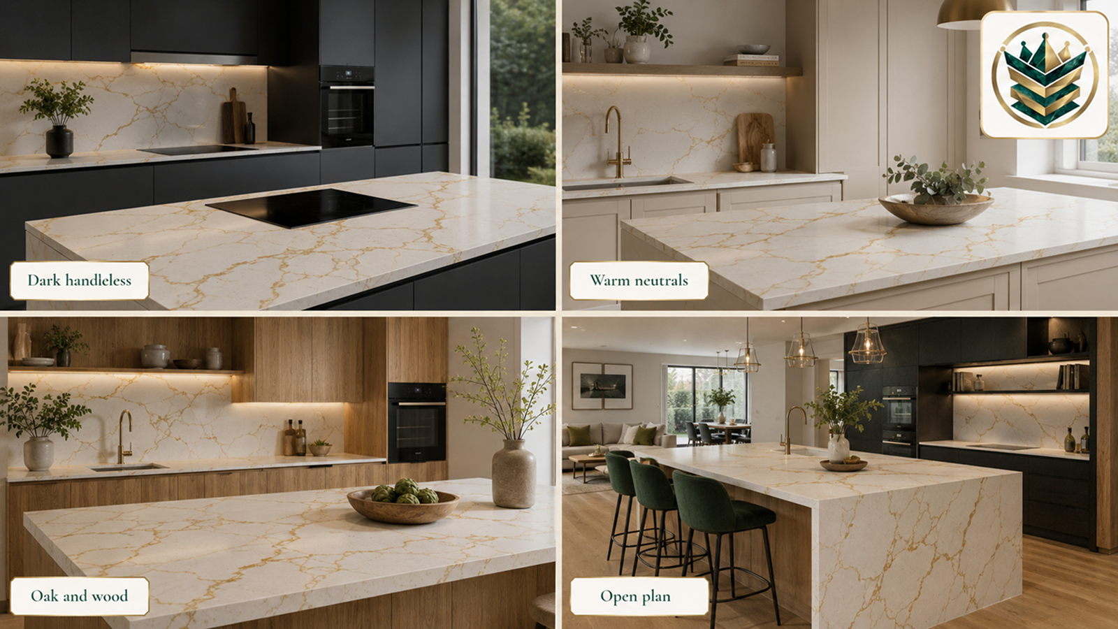Gold-veined quartz worktops in dark, warm neutral, oak and open-plan kitchens with modern quartz worktops styling.