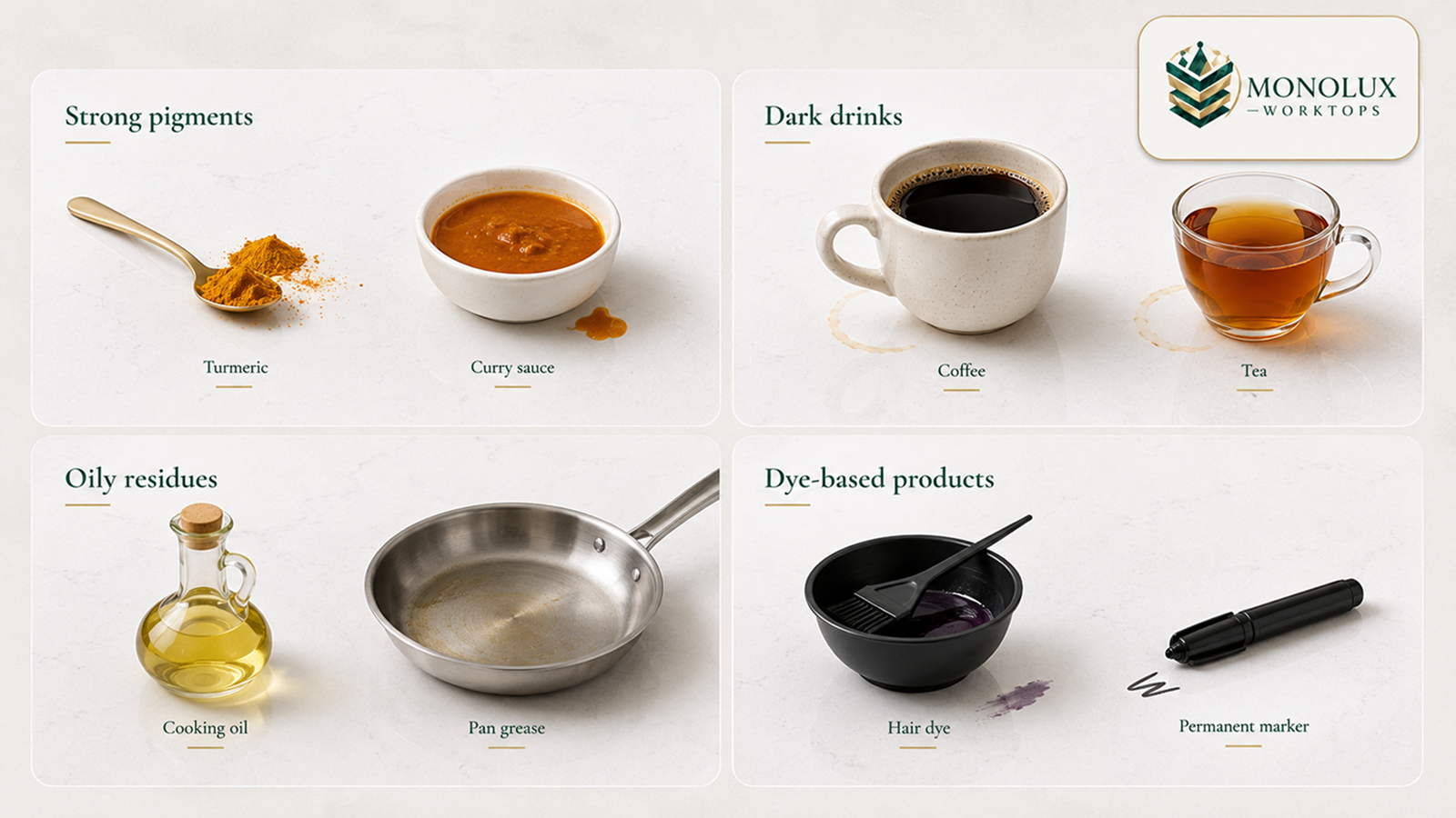 Does white quartz stain? White quartz worktops stains from turmeric, coffee, oil and dye shown on quartz.