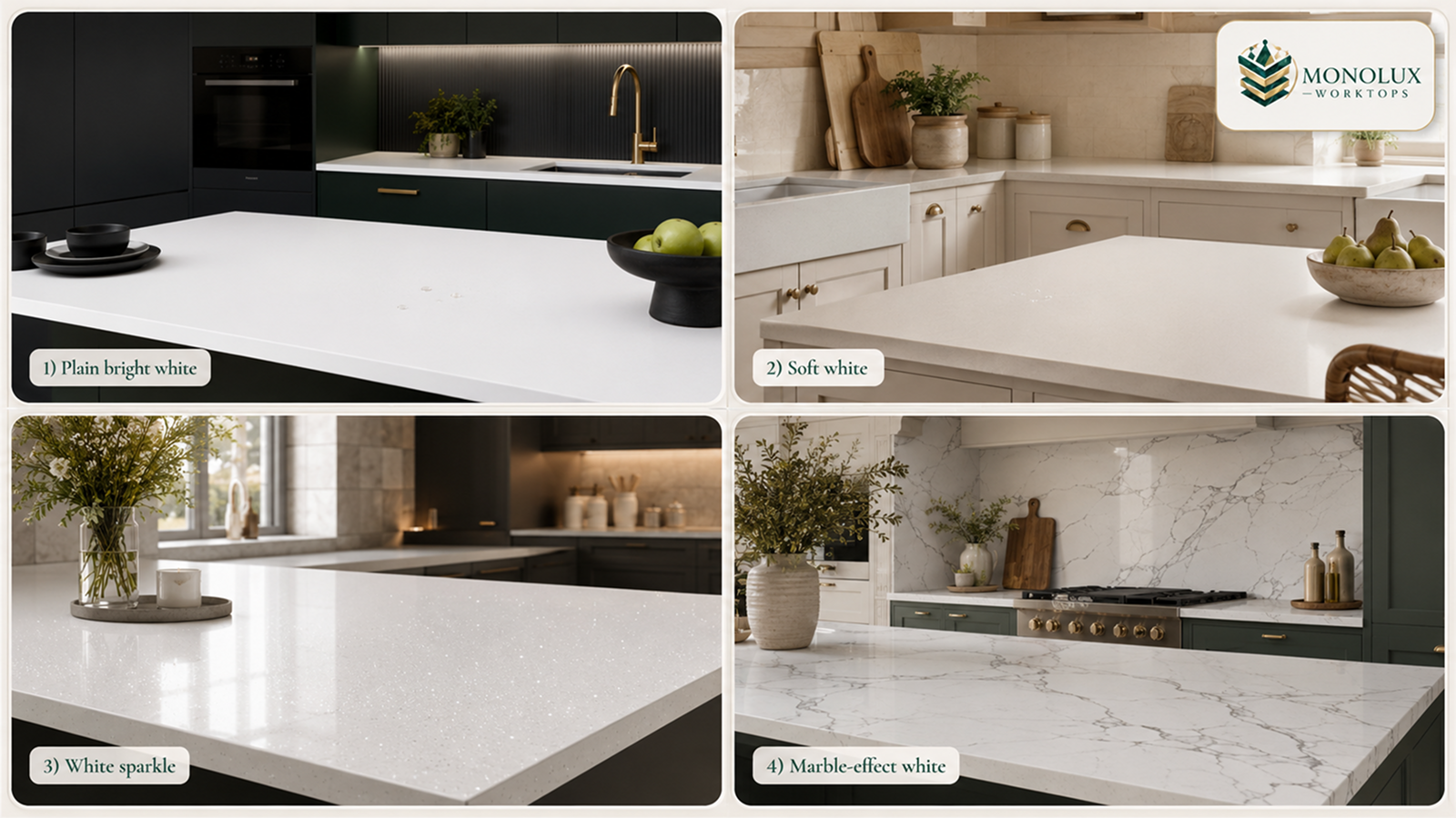 Does white quartz stain? White quartz worktops stains shown across plain, soft, sparkle and marble-effect finishes.