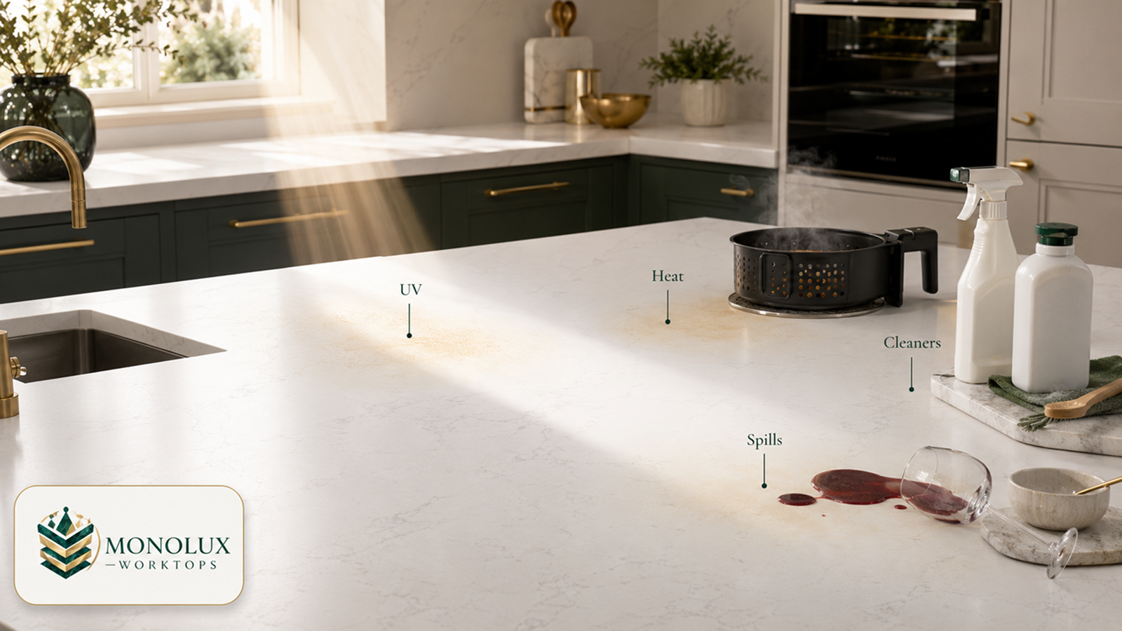 Does white quartz stain or does white quartz turn yellow? Kitchen worktop showing UV, heat, cleaners and spills.