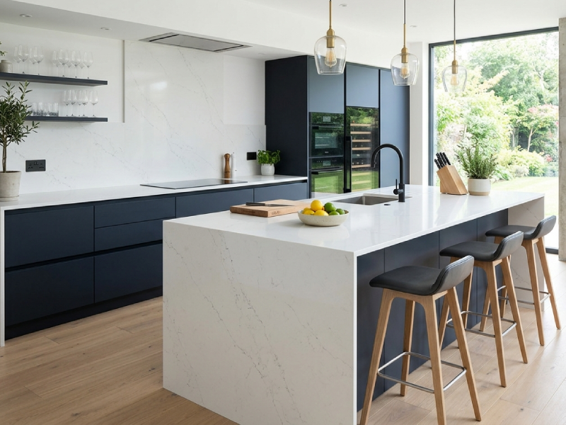 White Quartz Worktops in minimal and modern home