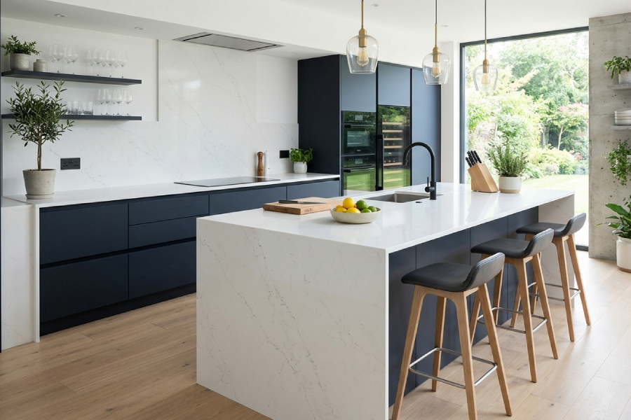 White Quartz Worktops in minimal and modern home