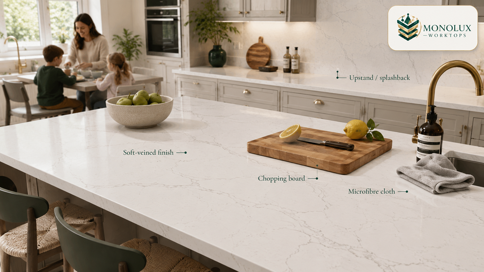 Does white quartz stain or does white quartz turn yellow? Family kitchen with soft-veined quartz and care details.