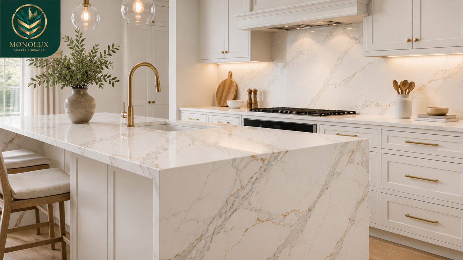 White cabinets with Calacatta quartz worktops, gold veining, brass handles and warm flooring in a bright modern kitchen design.