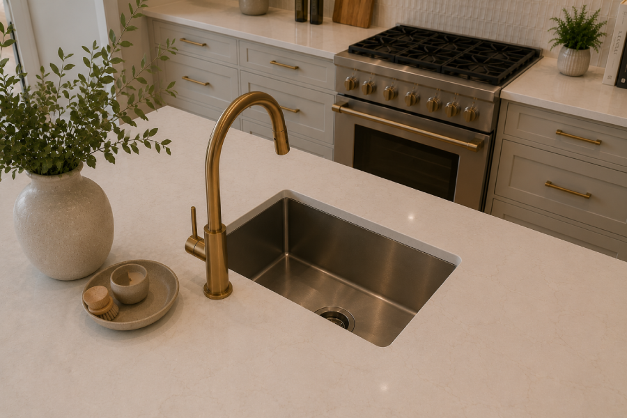 White quartz worktop in modern UK kitchens.