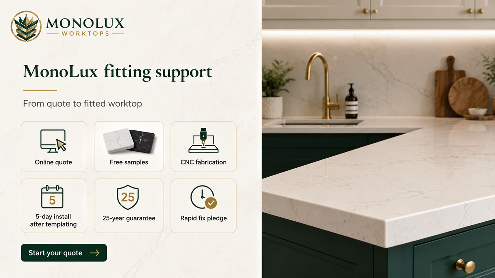 MonoLux quartz worktop installation support with online quote, samples, CNC fabrication and guarantee.
