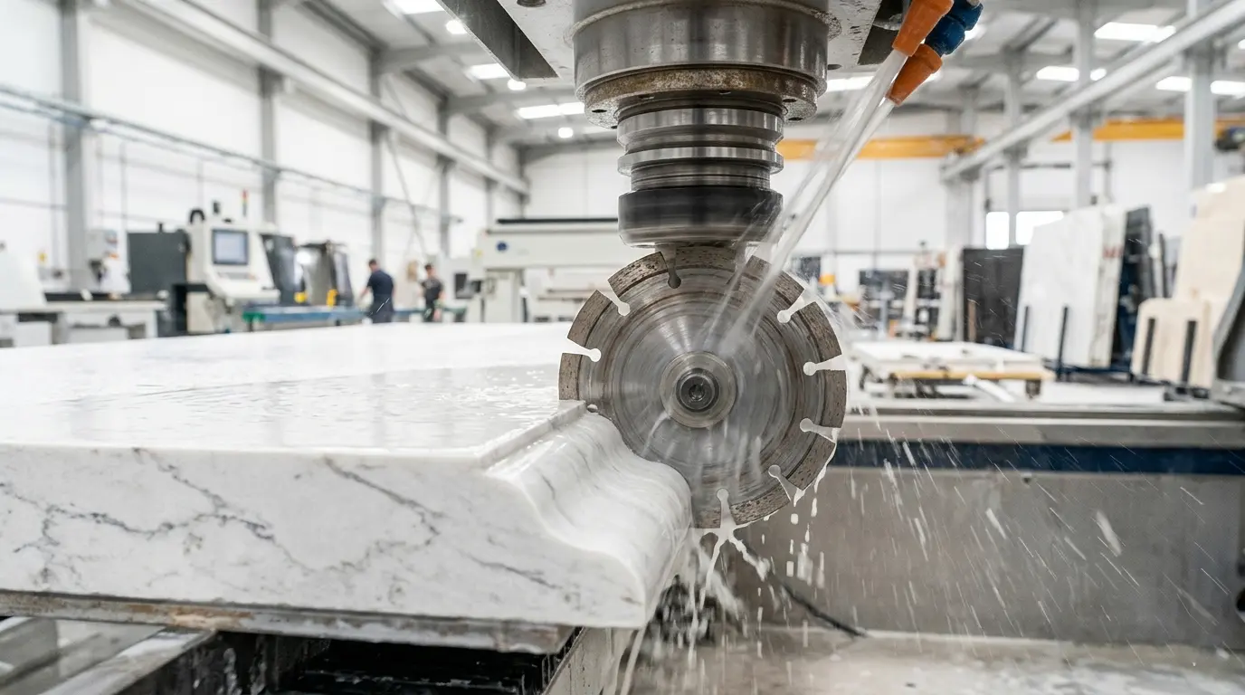 Precision CNC machinery cutting a bespoke edge profile on a premium quartz worktop