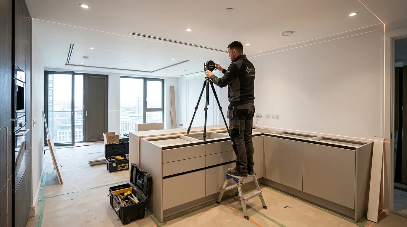 An expert kitchen fitter utilizing digital laser templating to ensure perfect measurements for a new quartz worktop