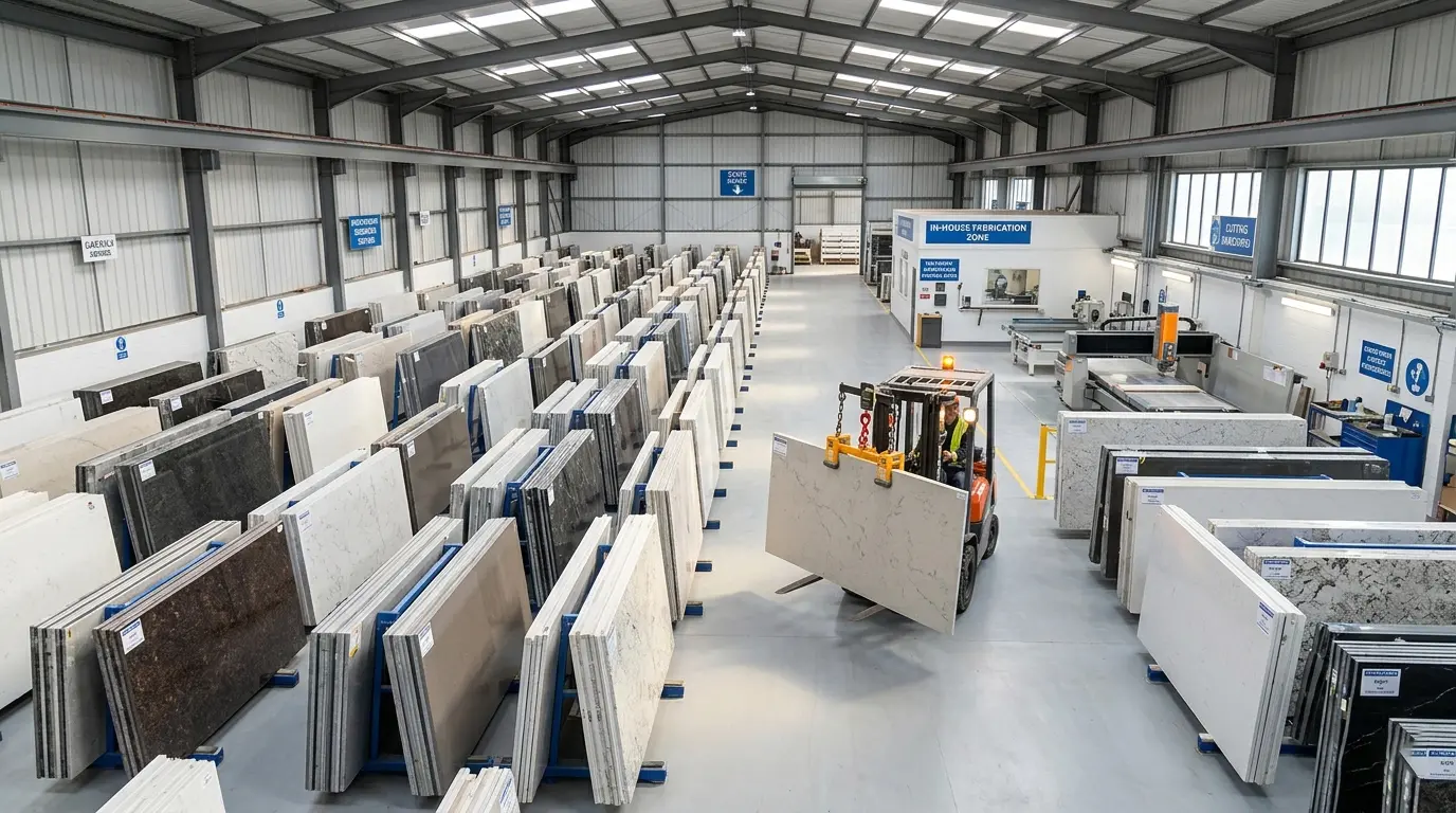 A massive dedicated quartz warehouse bypassing retail middlemen to offer direct-to-consumer prices