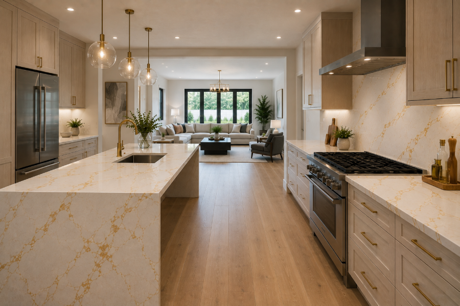 Dramatic Gold Veins worktop in minimal home