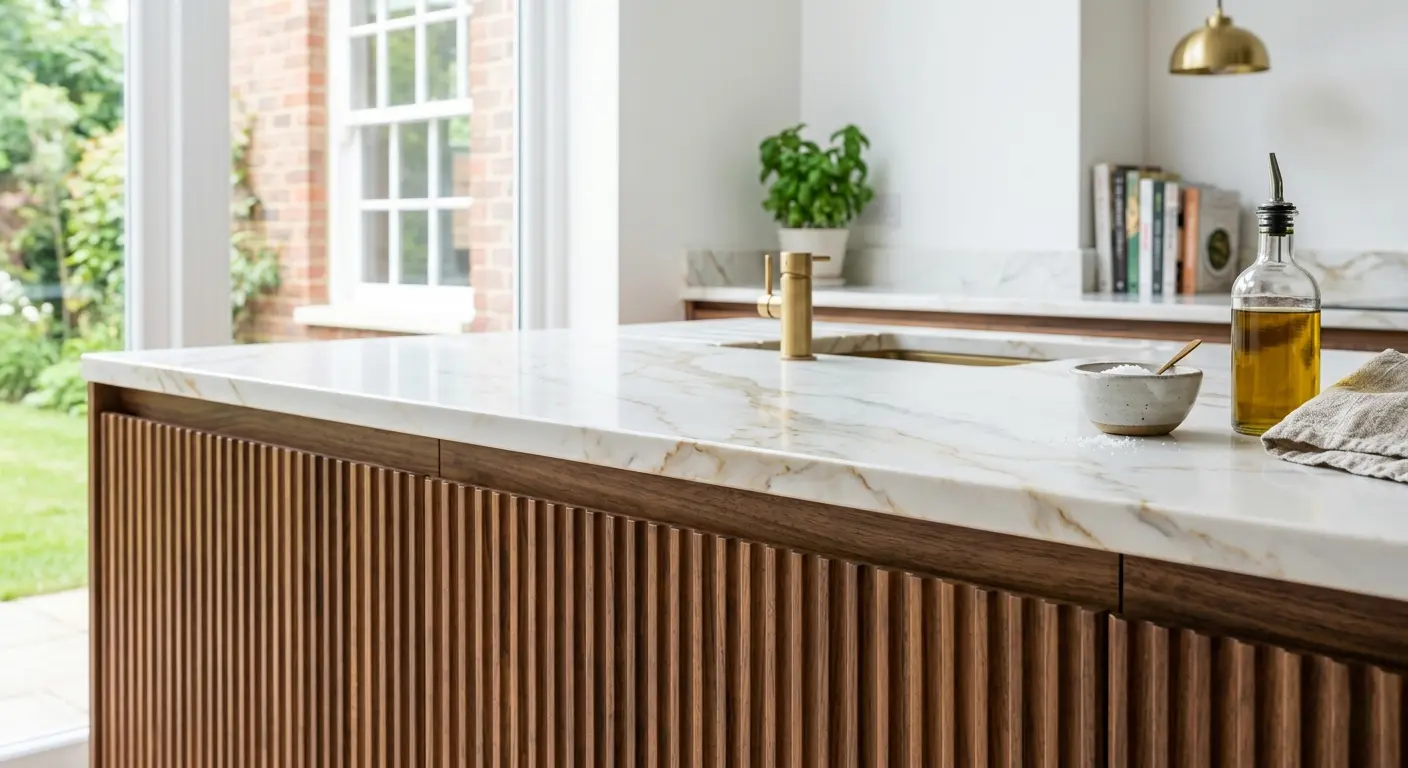 Luxury gold-veined Calacatta quartz worktop paired with warm walnut kitchen cabinets.