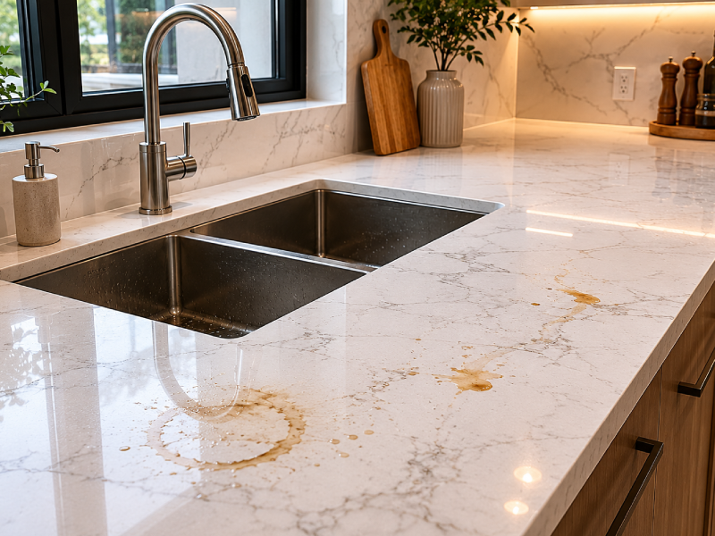 kitchen with White Quartz and has stains on it
