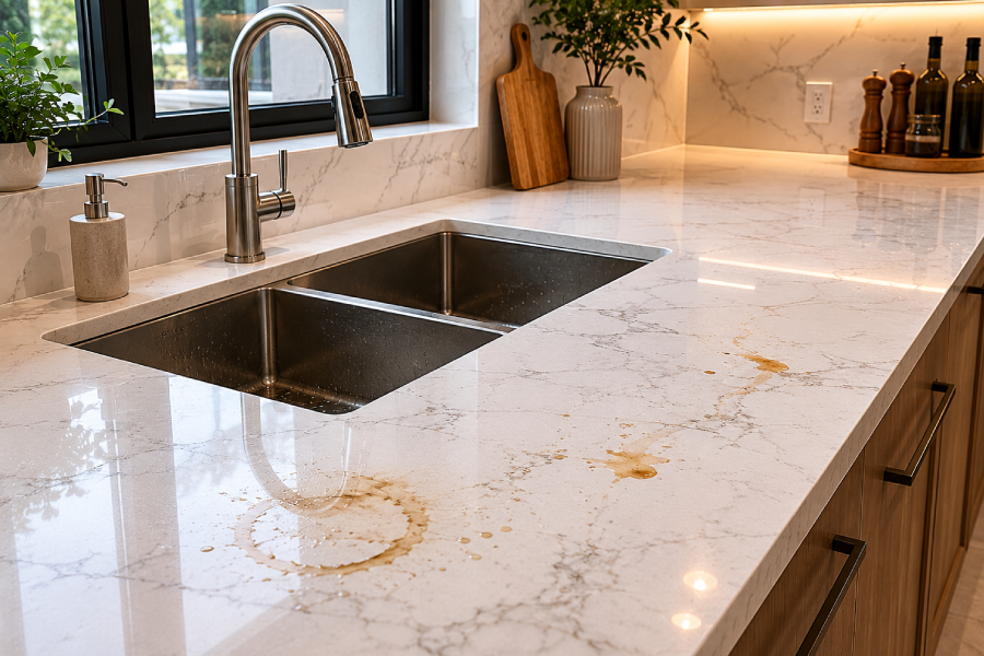 kitchen with White Quartz and has stains on it