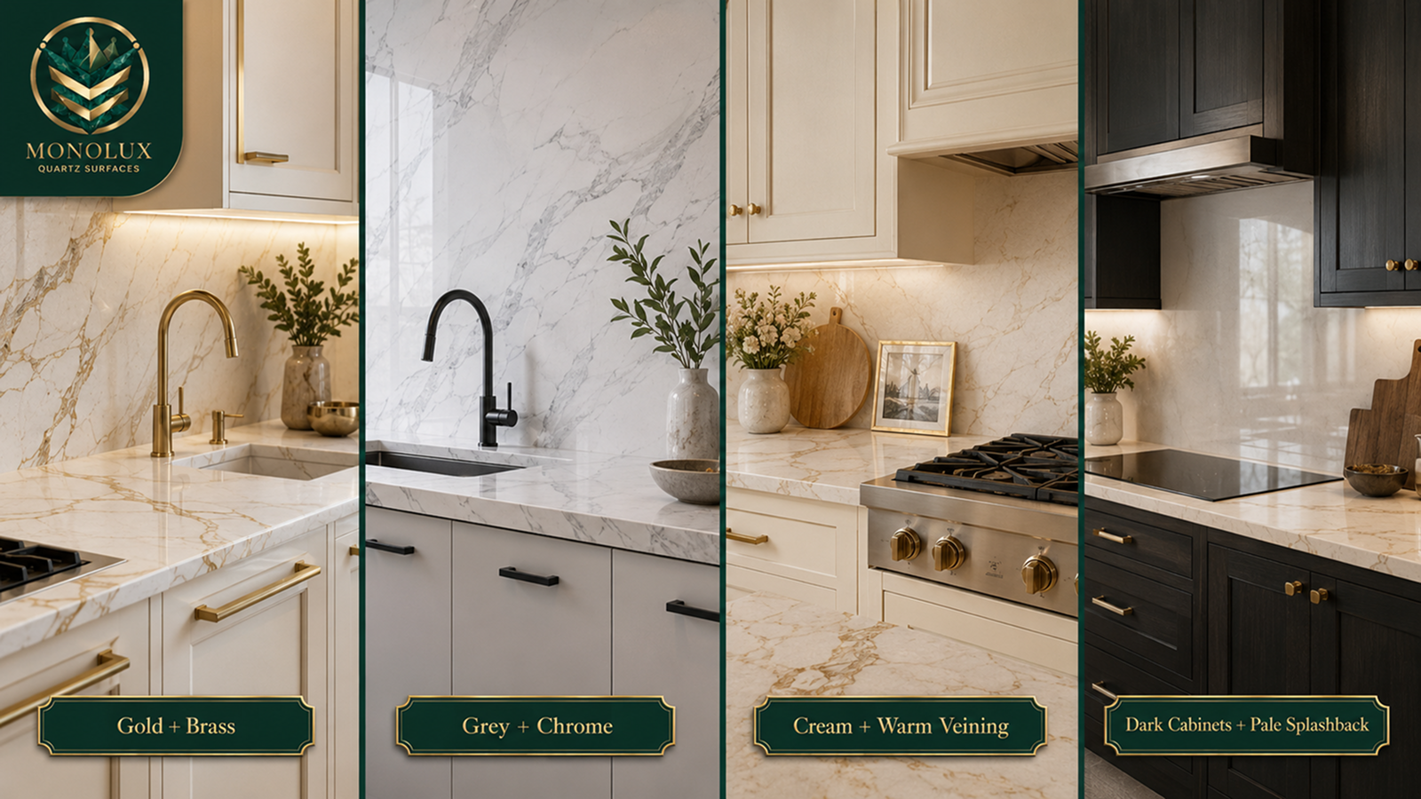 Gold and grey Calacatta quartz worktops with brass, chrome, cream cabinets and dark cabinets for matching finishes and splashbacks.