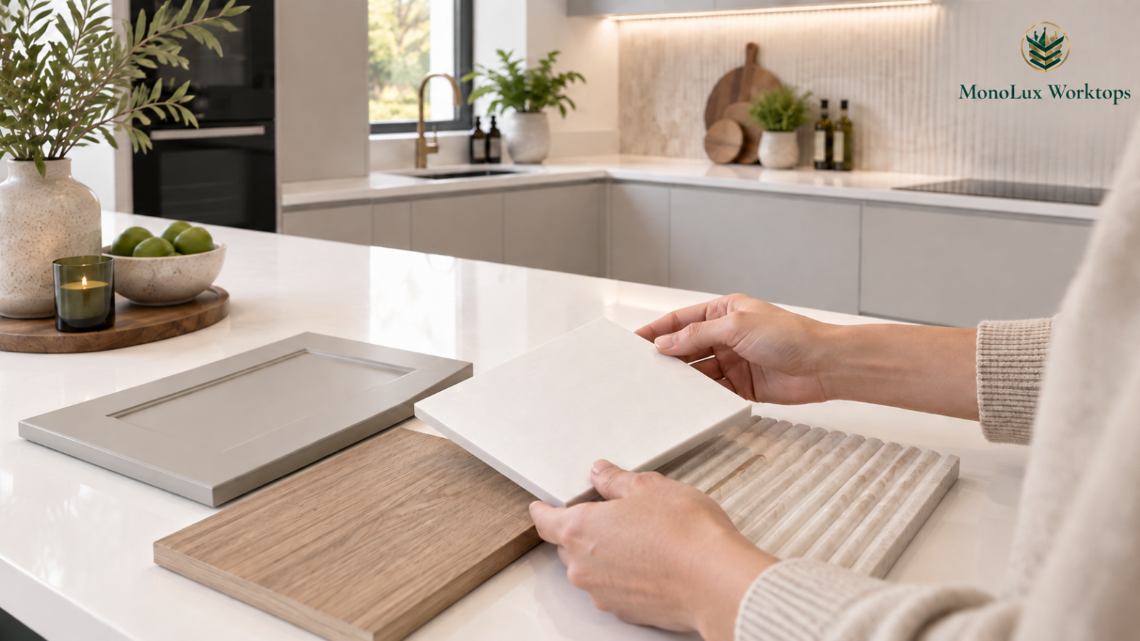 Plain white quartz worktops sample held beside timber, cabinet and tile finishes for a minimalist quartz worktops comparison.