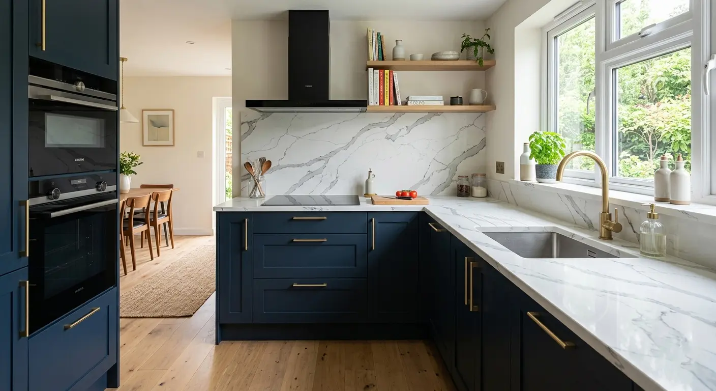 Deep navy blue kitchen cabinets perfectly contrasting with a premium Calacatta quartz worktop.