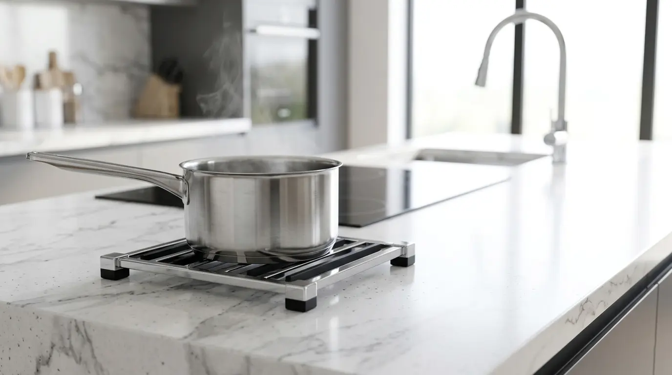 Using a metal trivet to protect premium quartz worktops from hot pans in a UK kitchen.