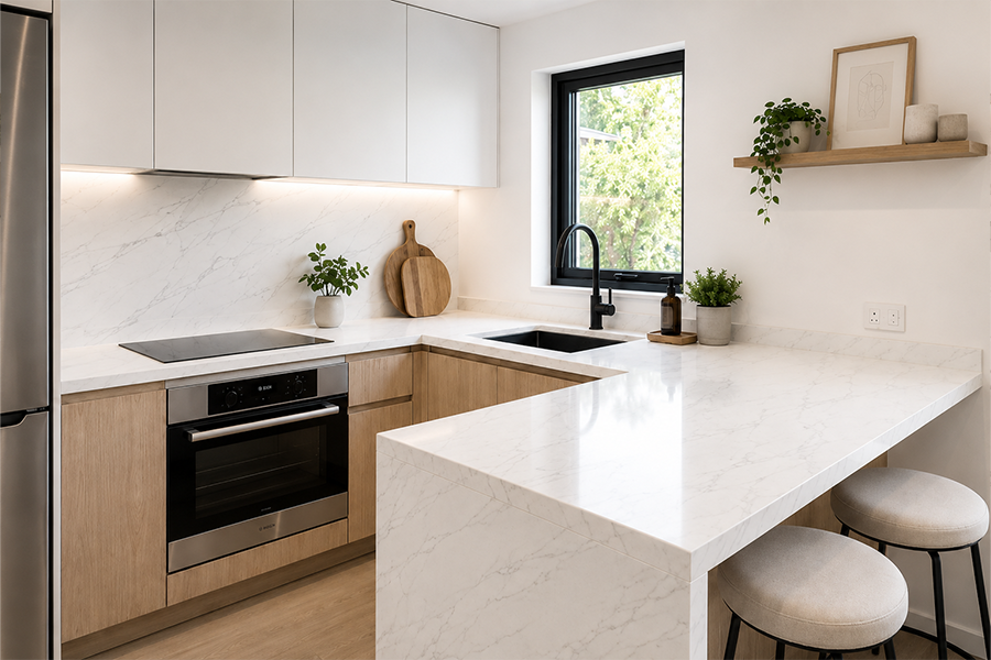 Small kitchen with Calacatta Oro Quartz Worktop