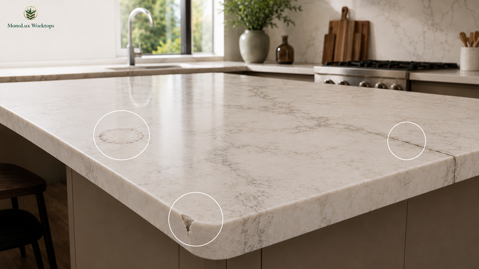 Kitchen island highlighting quartz worktop stains for do quartz worktops stain scratch or crack, with chips and cracking shown.