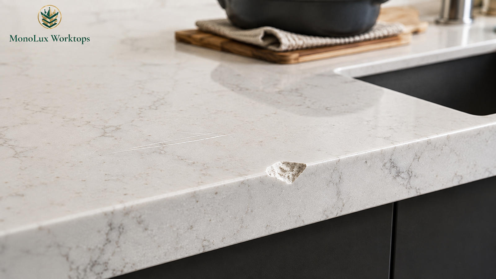 Close-up showing do quartz worktops stained, scratched or crack, with edge chips and signs of do quartz worktops scratch. 