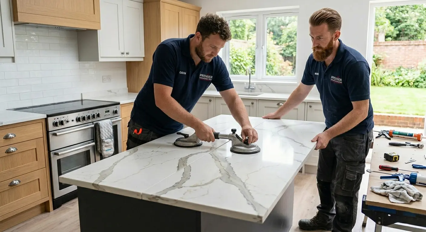 Professional kitchen fitters executing a quick Calacatta quartz installation on a large kitchen island.
